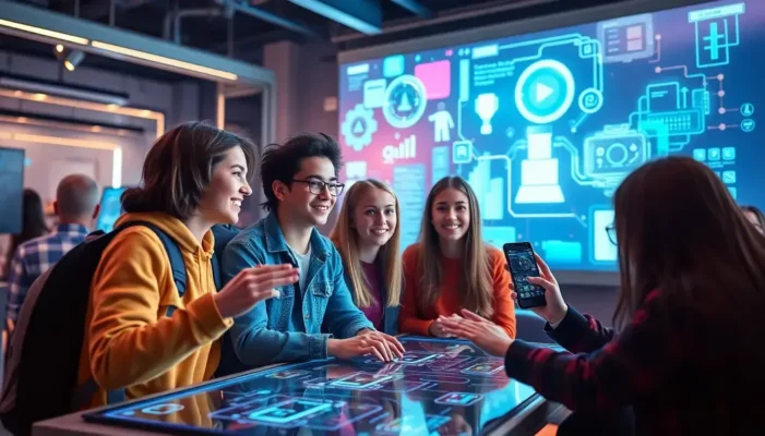 Enthusiastic teenagers interacting with AI interfaces in a futuristic setting.