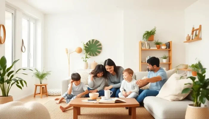 A family enjoying time together in a minimalist home environment, featuring clean and uncluttered spaces.