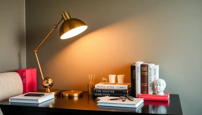 A gorgeously arranged workspace with fashionable accessories and luxury decor.