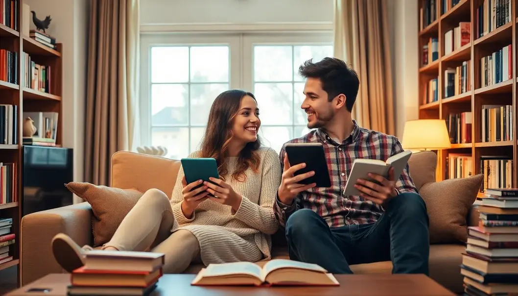 A modern couple enjoying a shared reading moment with their e-readers.