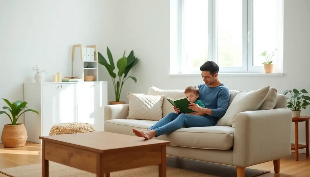 A minimalist family living room promoting simplicity and togetherness.