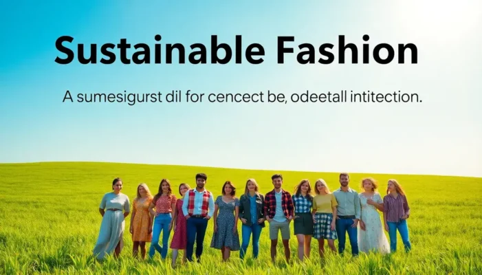 People of various cultures wearing sustainable fashion in a green field.