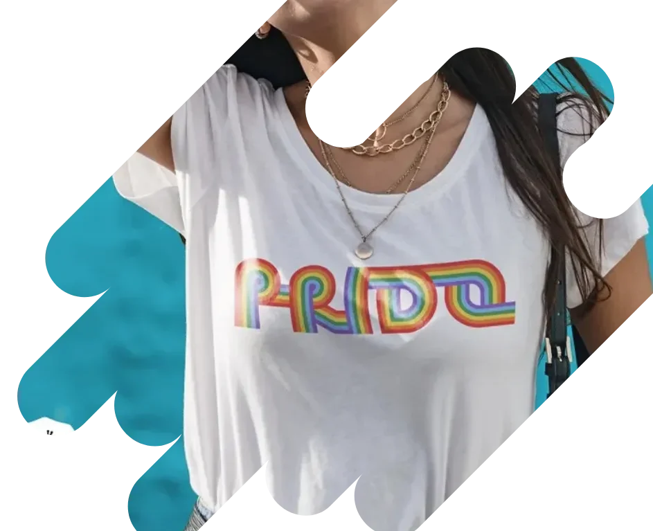 Close-up of a woman wearing a white t-shirt with the word "PRIDE" in rainbow letters, layered over a stylized ocean background.
