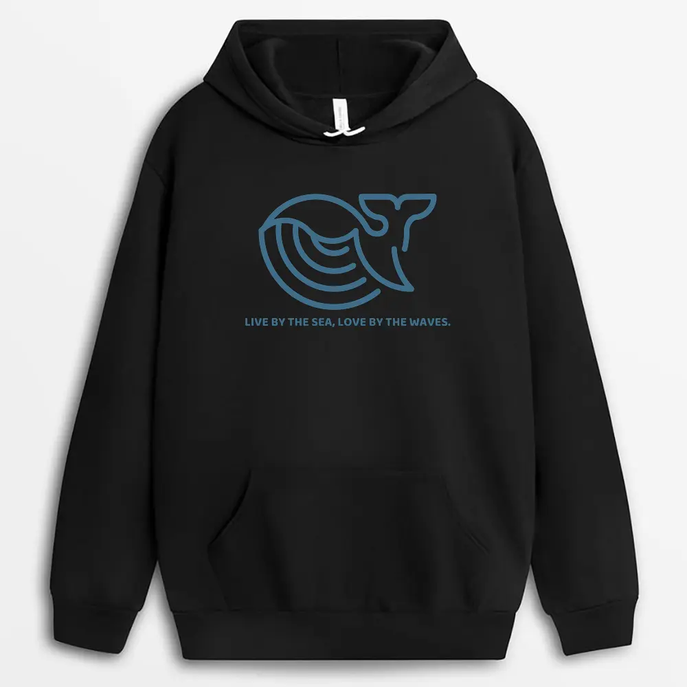 Black hoodie printed with sea wave quote, designed for beach lovers