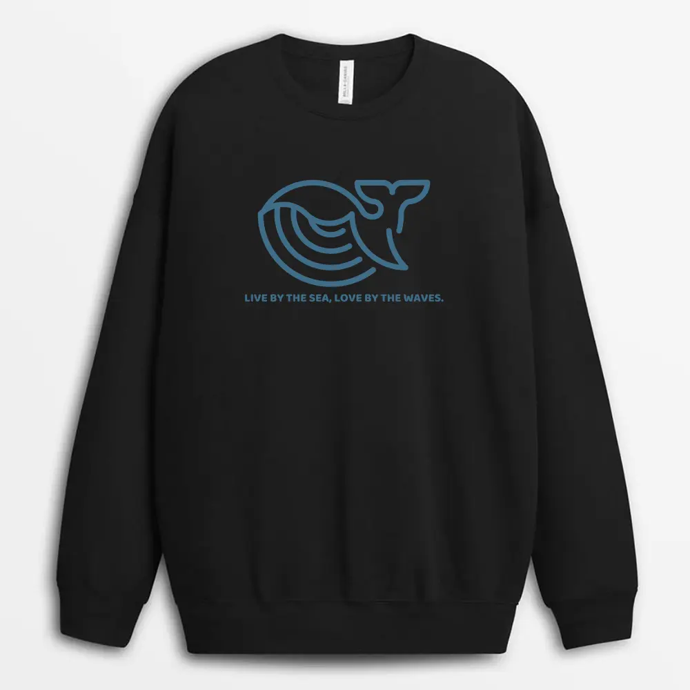 Black sweatshirt printed with ocean harmony text, sea-lover streetwear