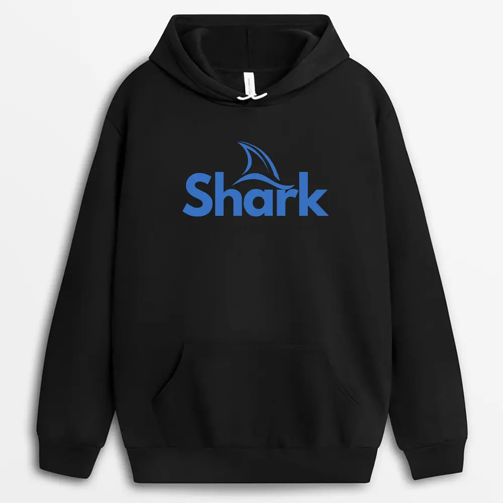 Black hoodie with shark quote print, bold and minimal ocean vibe