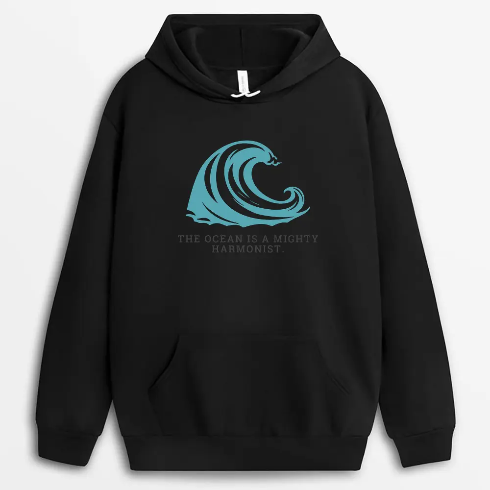 Black hoodie with poetic ocean quote, coastal minimalist fashion