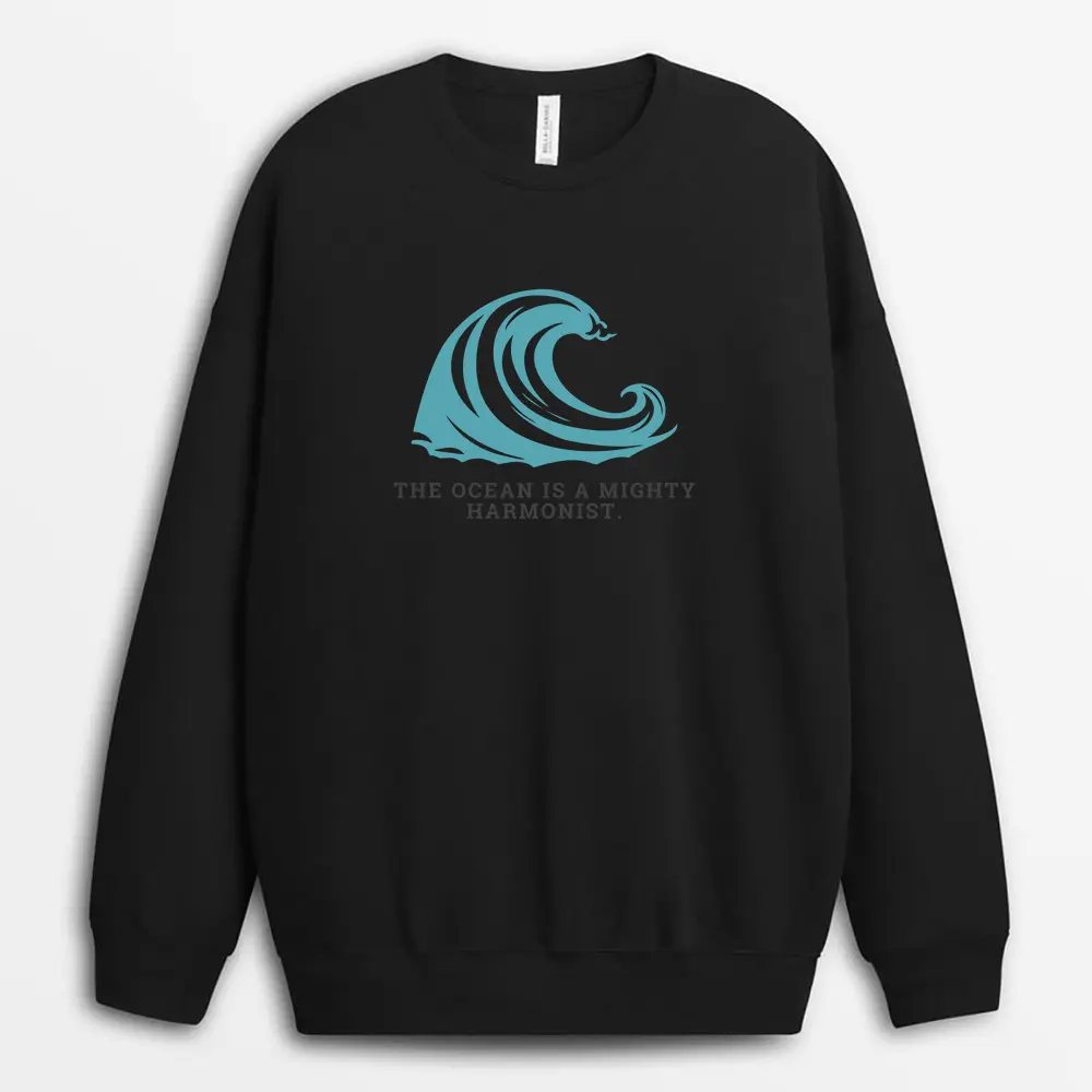 Black sweatshirt printed with ocean harmony text, sea-lover streetwear