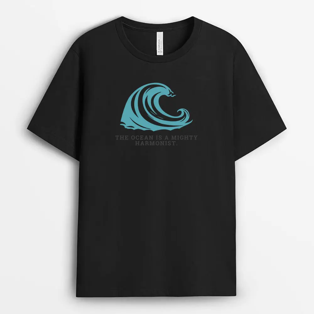 Black t-shirt featuring “The Ocean Is a Mighty Harmonist” quote, sea life style